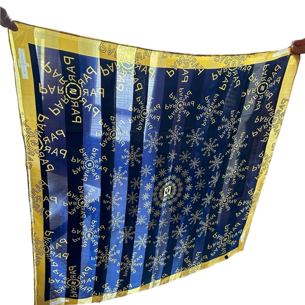 Vtg Souvenir J Mico Sancho Square Scarf Paris France Eifel Tower Blue Gold 37”